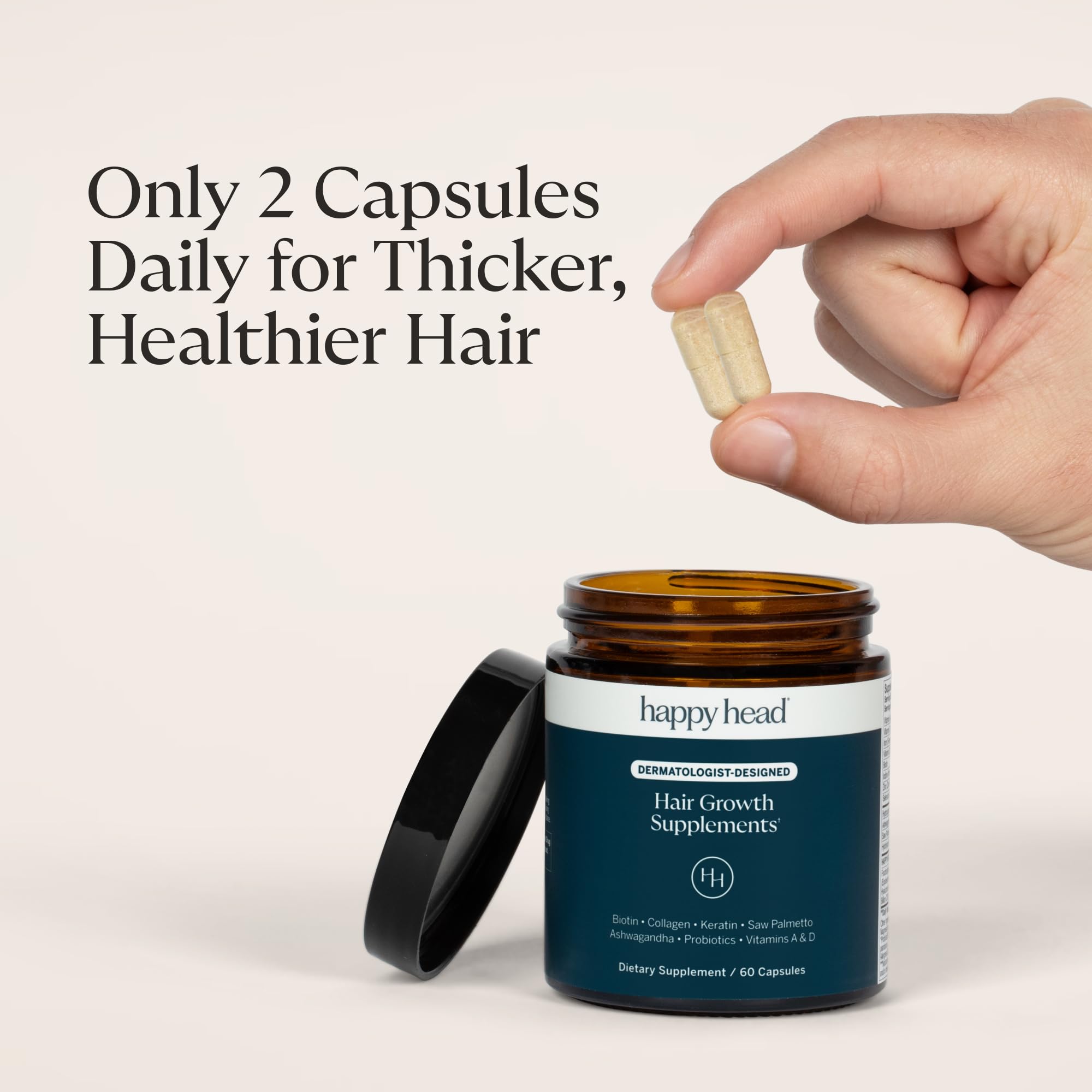 Happy Head Hair Growth Supplement for Men and Women – 60 Capsules | Saw Palmetto, Ashwagandha, Biotin, Collagen, Keratin, Probiotics & Vitamins A & D