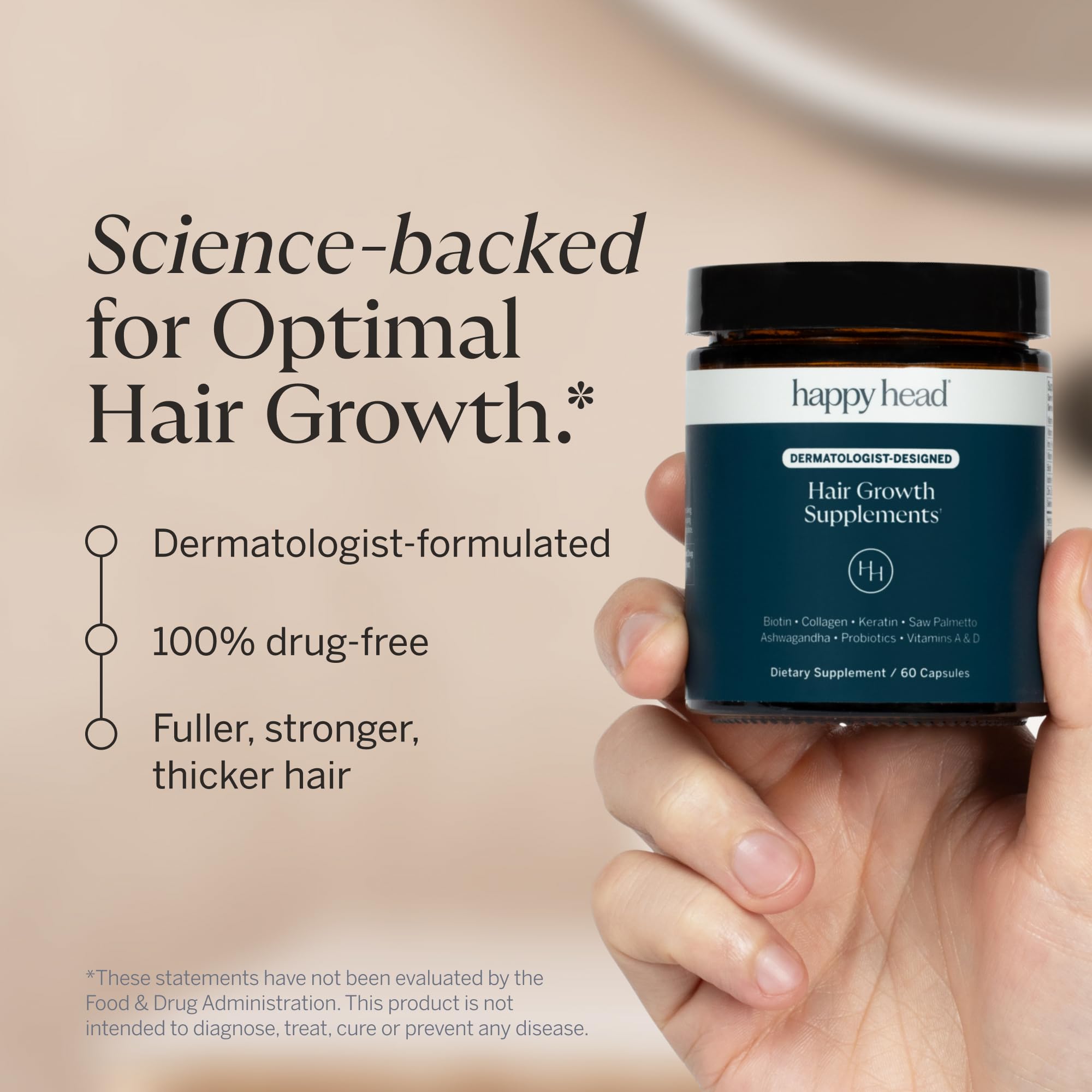 Happy Head Hair Growth Supplement for Men and Women – 60 Capsules | Saw Palmetto, Ashwagandha, Biotin, Collagen, Keratin, Probiotics & Vitamins A & D