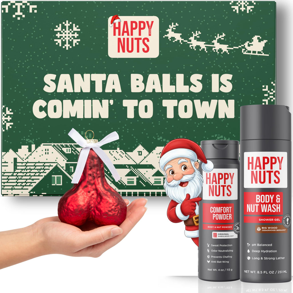 Happy Nuts Holiday Gift Bundle Kit for Men - Comfort Powder, Body Wash & Ornament
