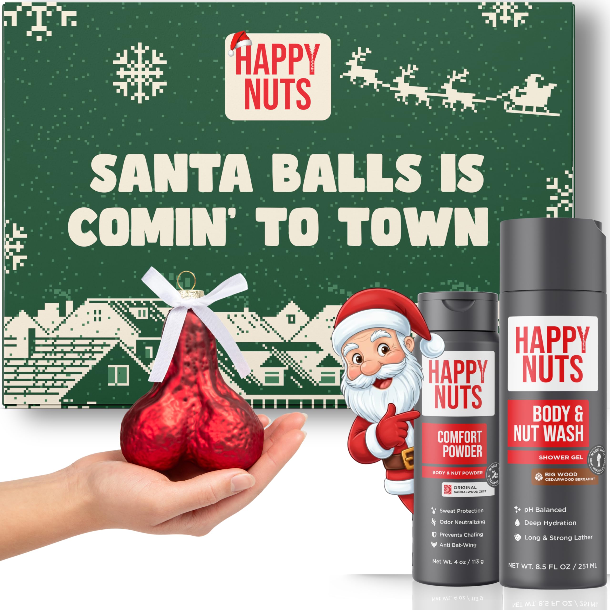 Happy Nuts Holiday Gift Bundle Kit for Men - Comfort Powder, Body Wash & Ornament