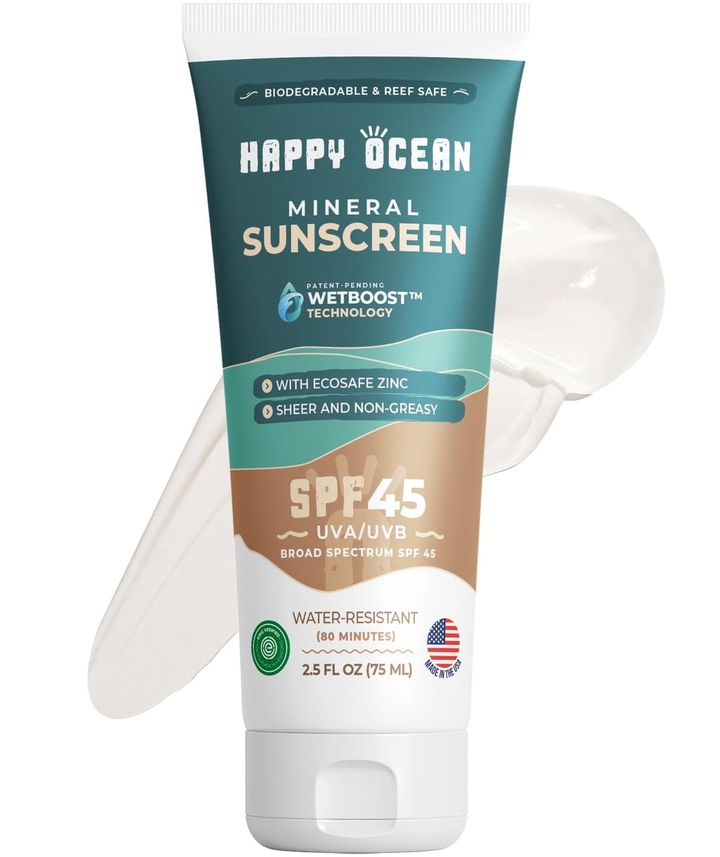 Happy Ocean SPF 45 Biodegradable Reef Safe Sunscreen – Face & Body, Non-Nano Zinc Oxide, Fragrance-Free, Travel Size 2.5 oz