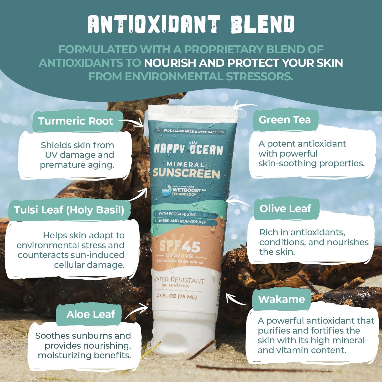 Happy Ocean SPF 45 Biodegradable Reef Safe Sunscreen – Face & Body, Non-Nano Zinc Oxide, Fragrance-Free, Travel Size 2.5 oz