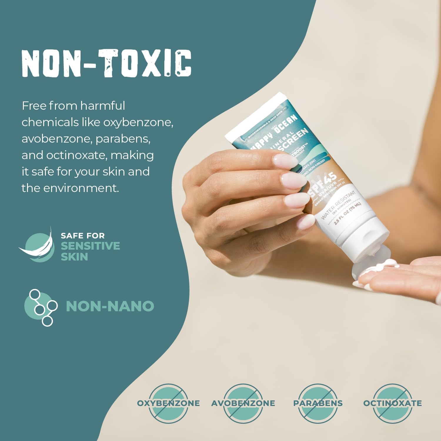 Happy Ocean SPF 45 Biodegradable Reef Safe Sunscreen – Face & Body, Non-Nano Zinc Oxide, Fragrance-Free, Travel Size 2.5 oz
