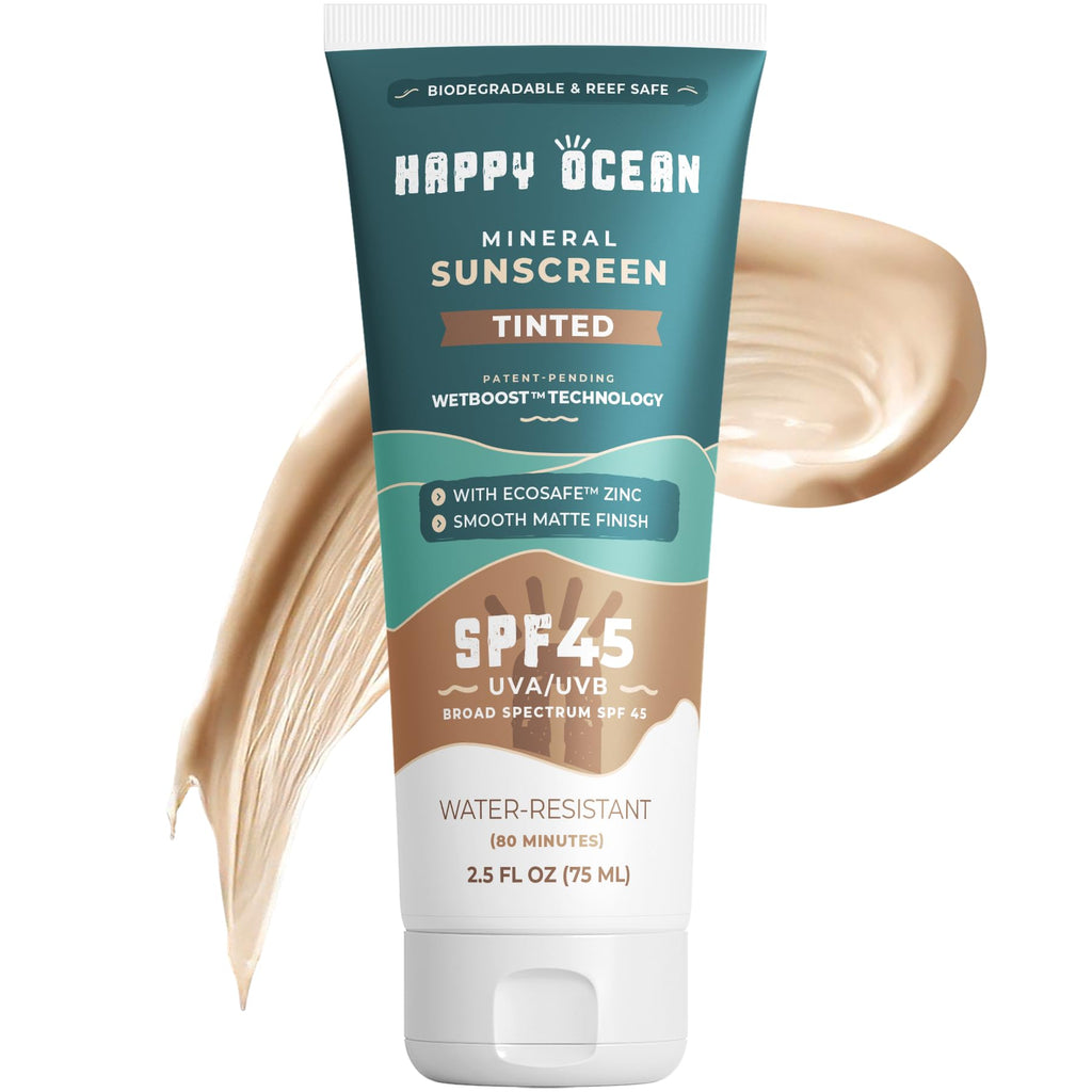 Happy Ocean SPF 45 Tinted Mineral Sunscreen – Fragrance-Free, Reef Safe, Non-Nano Zinc Oxide, Face & Body, 2.5 fl oz