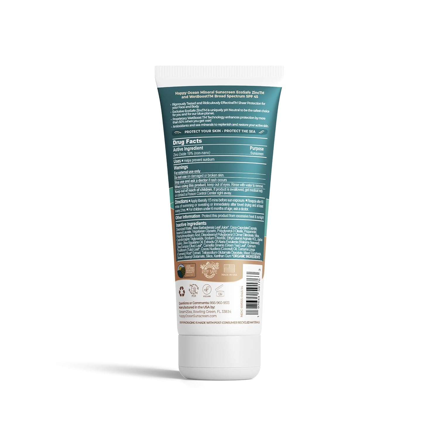 Happy Ocean SPF 45 Biodegradable Reef Safe Sunscreen – Face & Body, Non-Nano Zinc Oxide, Fragrance-Free, Travel Size 2.5 oz