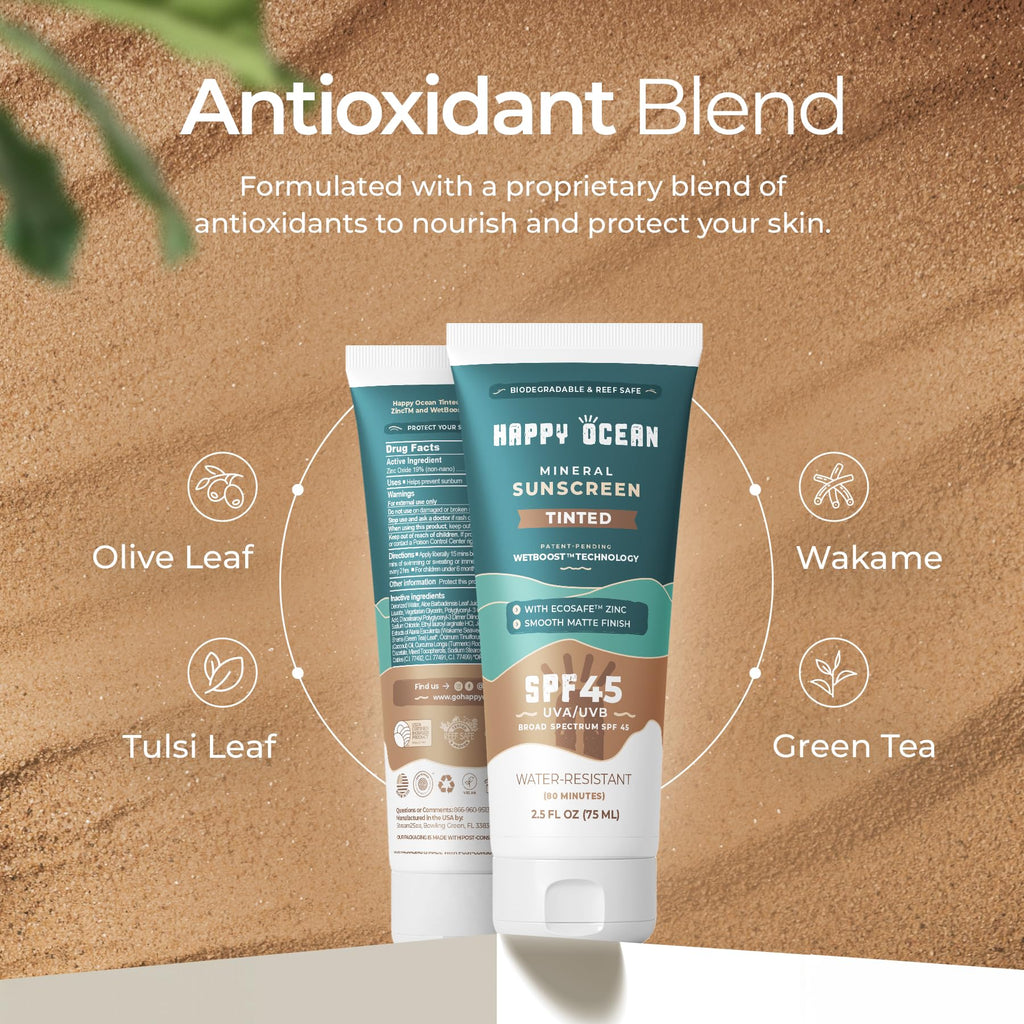 Happy Ocean SPF 45 Tinted Mineral Sunscreen – Fragrance-Free, Reef Safe, Non-Nano Zinc Oxide, Face & Body, 2.5 fl oz