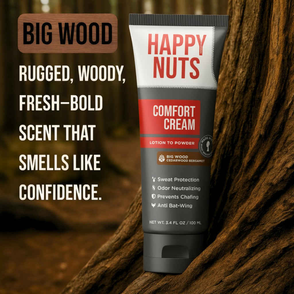 Happy Nuts Comfort Cream Deodorant for Men – Aluminum-Free, Lotion-to-Powder Anti-Chafing Defense (3.4 oz) – Big Wood