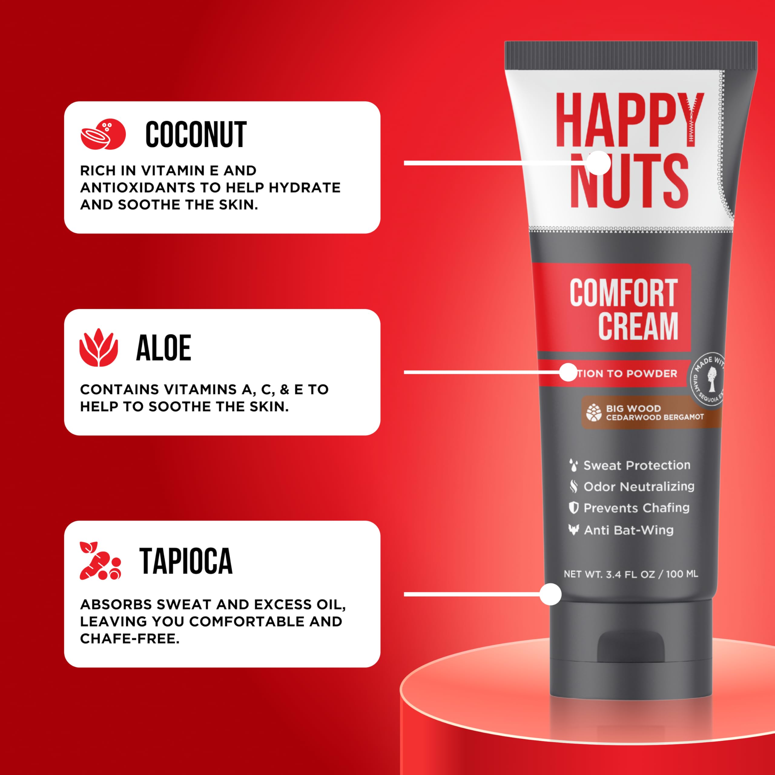 Happy Nuts Comfort Cream Deodorant for Men – Aluminum-Free, Lotion-to-Powder Anti-Chafing Defense (3.4 oz) – Big Wood