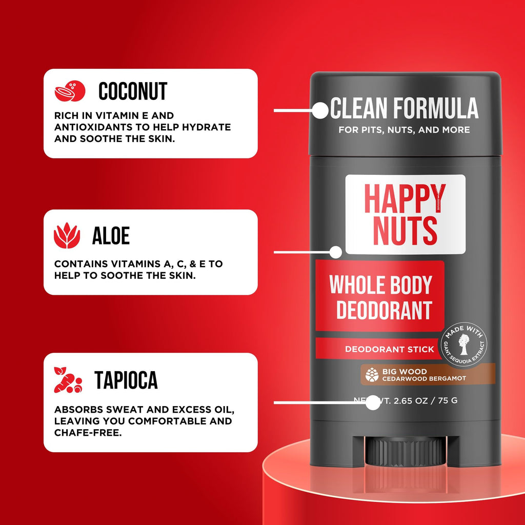 Happy Nuts Whole Body Deodorant for Men – All-Day Odor Protection, Big Wood Scent