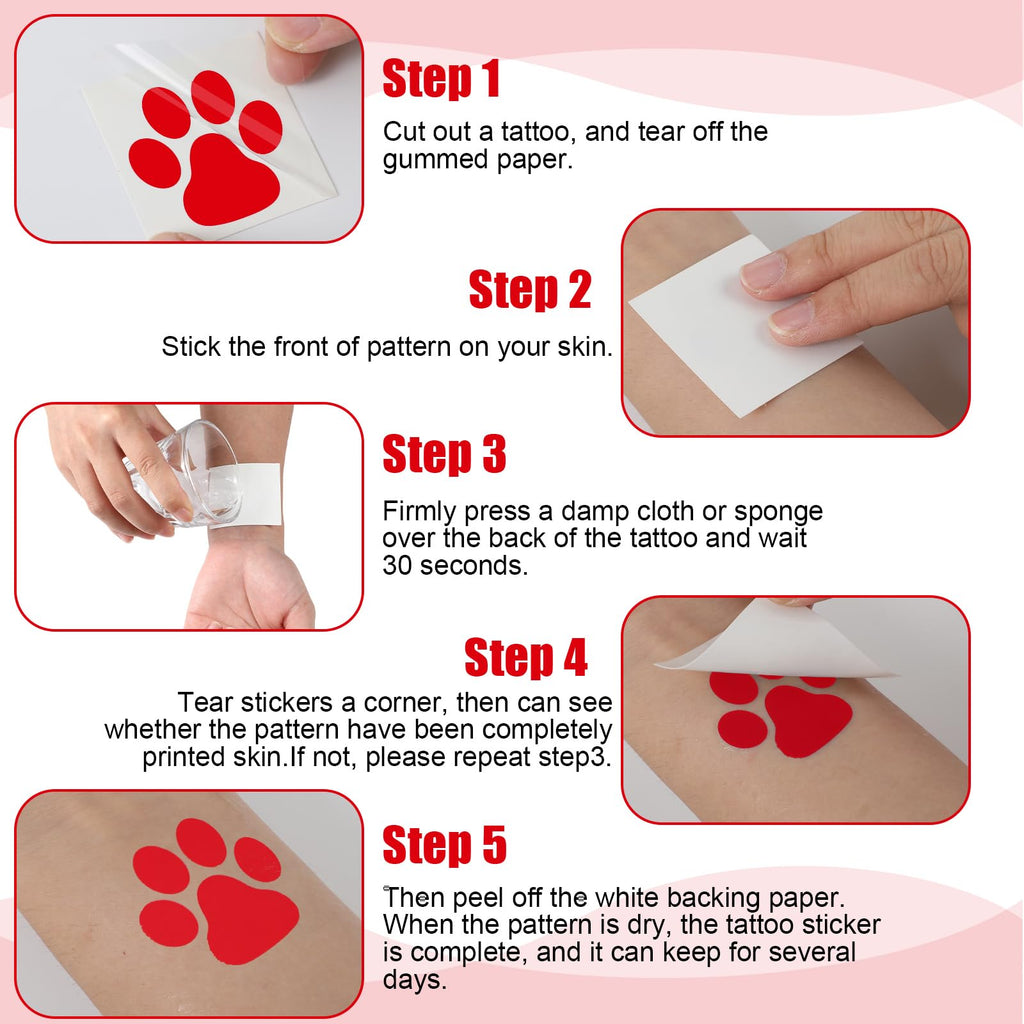 Harloon Paw Print Tattoos - 20 Sheets, 300 Pcs Red Temporary Face & Body Stickers
