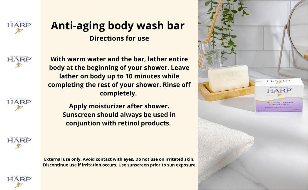 HARP® Anti-Aging Body Wash Bar with Retinol – pH-Balanced Syndet Cleanser, Fragrance-Free, Soap-Free & No Lye, Niacinamide, Hyaluronic Acid & Vitamin E, 5 oz