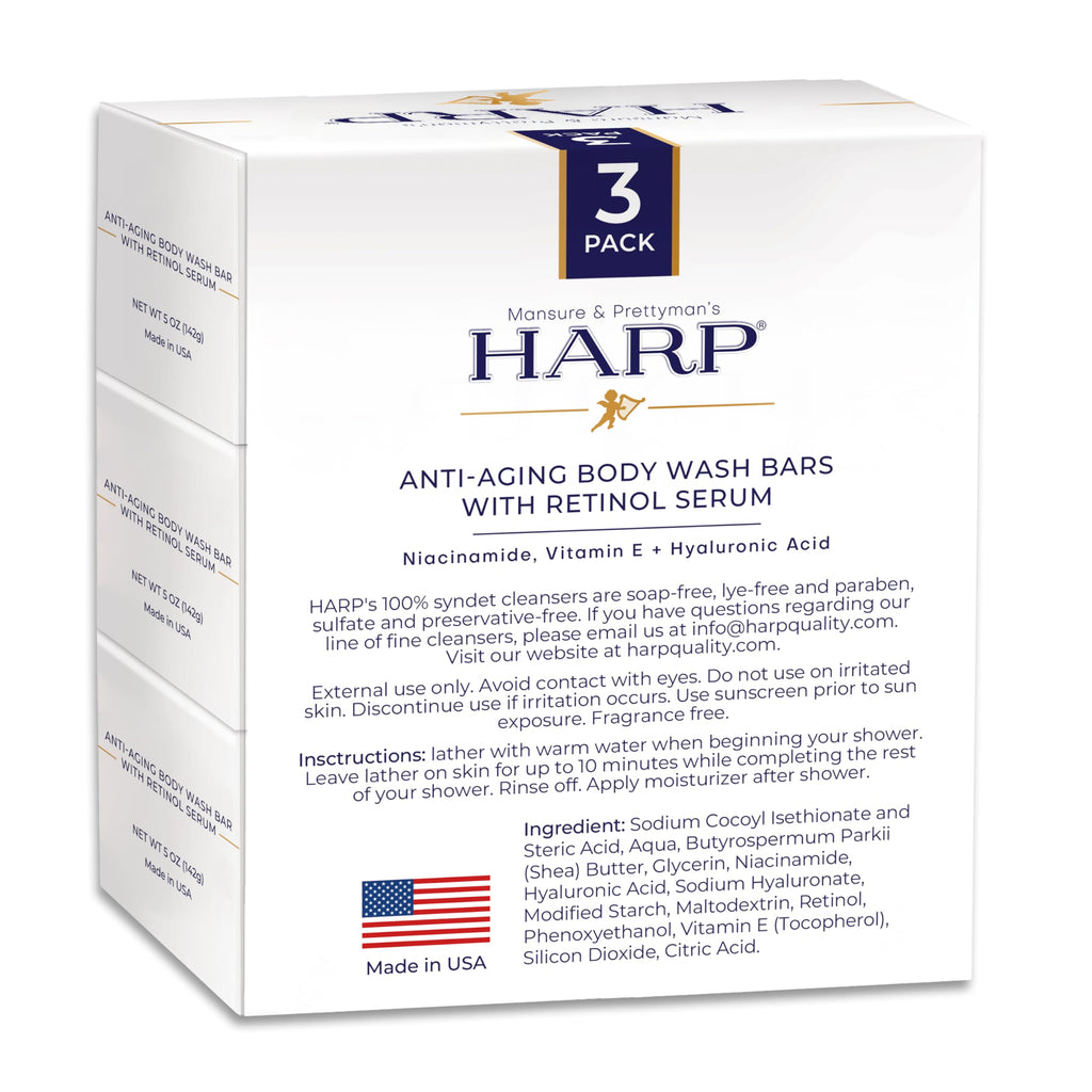 HARP Anti-Aging Body Wash Bar with Retinol – Fragrance Free & pH-Balanced Syndet (3-5oz)