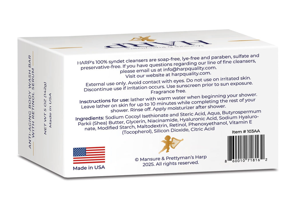 HARP® Anti-Aging Body Wash Bar with Retinol – pH-Balanced Syndet Cleanser, Fragrance-Free, Soap-Free & No Lye, Niacinamide, Hyaluronic Acid & Vitamin E, 5 oz