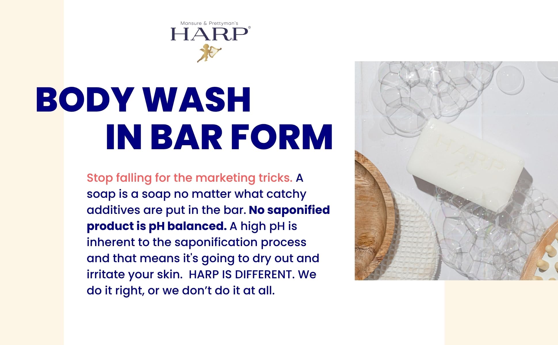 HARP Fragrance Free Body Wash Bar – pH Balanced Syndet Cleanser, No Lye, Non-Comedogenic (3–5oz)