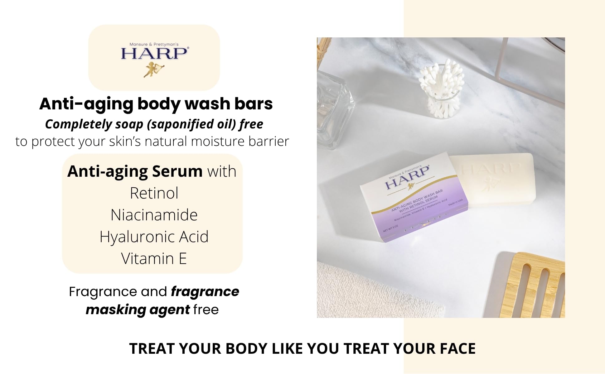 HARP Anti-Aging Body Wash Bar with Retinol – Fragrance Free & pH-Balanced Syndet (3-5oz)