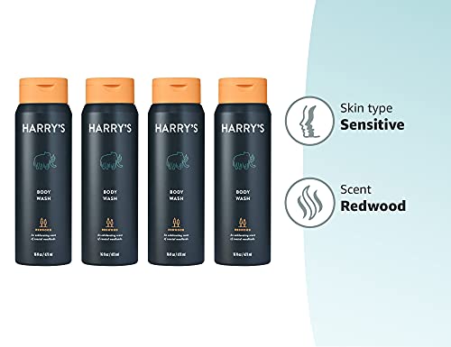 Harry's Redwood Body Wash for Men – 4 x 16 oz | Sulfate-free, Rich Lather