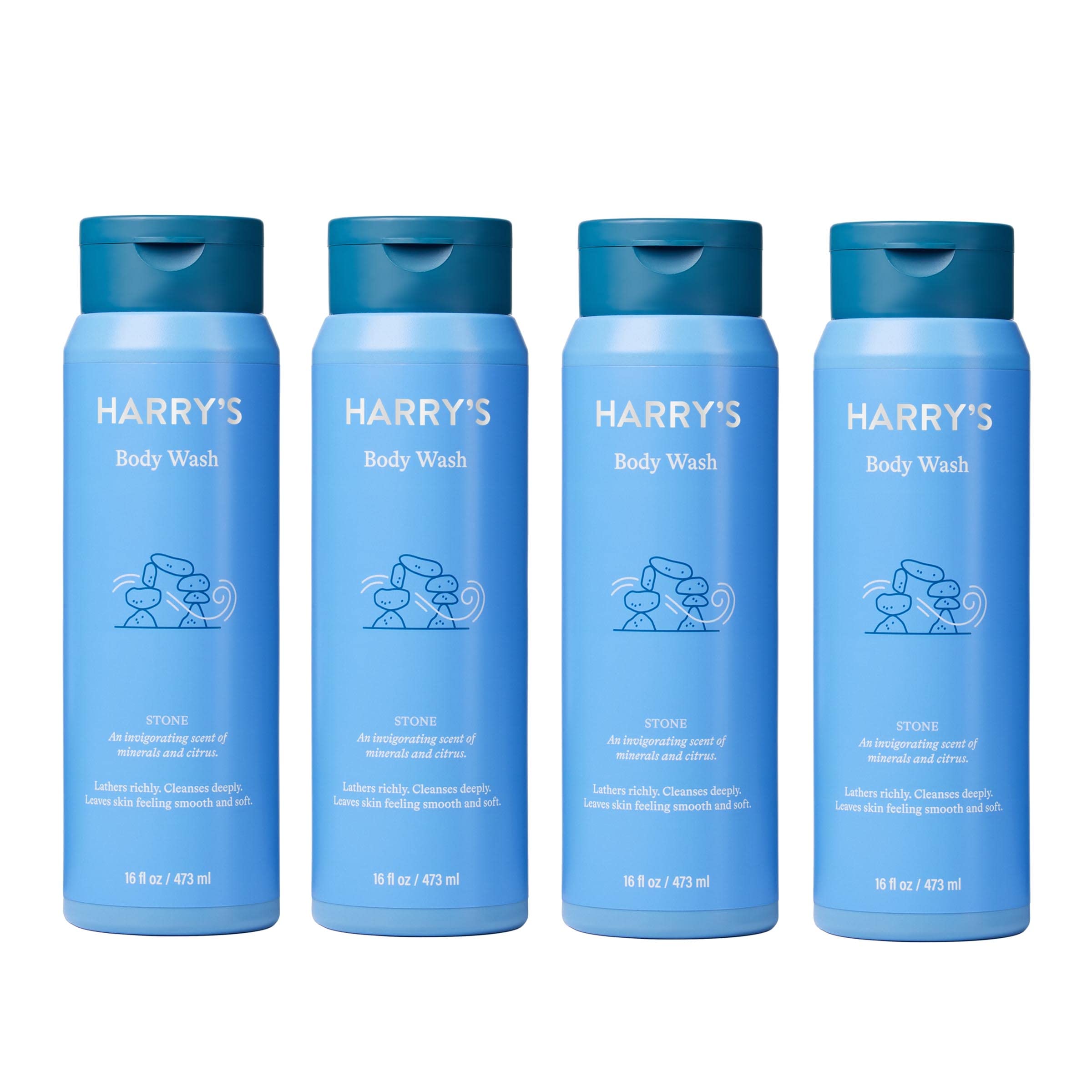 Harry's Stone Men's Body Wash Shower Gel – 16 oz (Pack of 4) | Sulfate-Free, Rich Lather, Yuzu & Bergamot, Charcoal