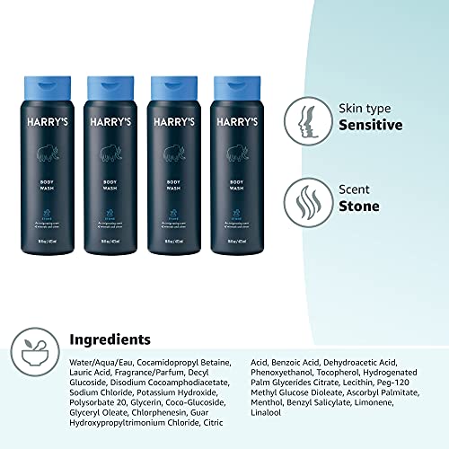 Harry's Stone Men's Body Wash Shower Gel – 16 oz (Pack of 4) | Sulfate-Free, Rich Lather, Yuzu & Bergamot, Charcoal