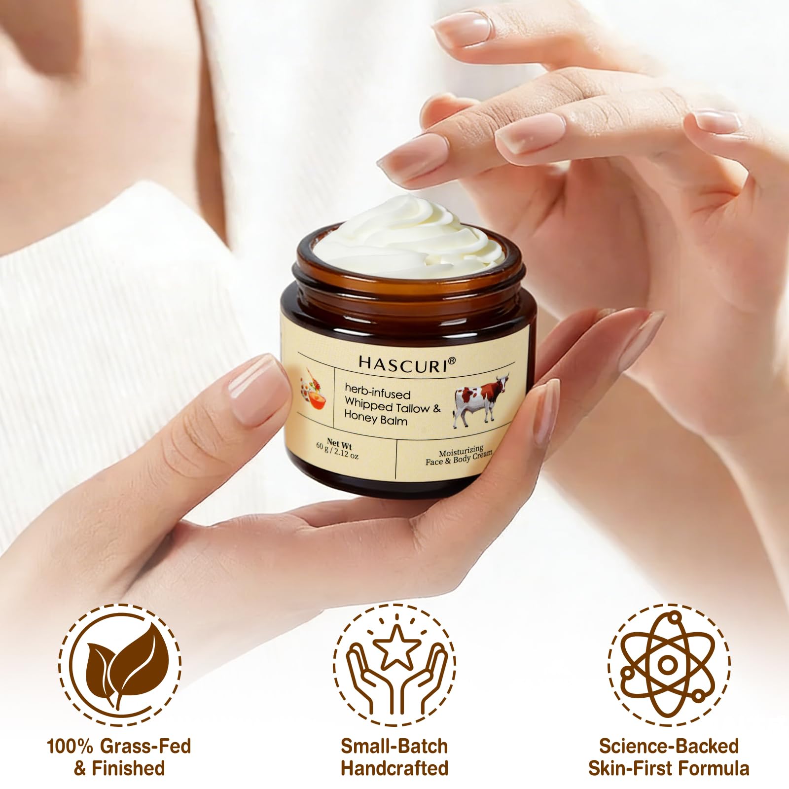 HASCURI Grass-Fed Whipped Tallow Balm — Pure Beef Tallow Moisturizer