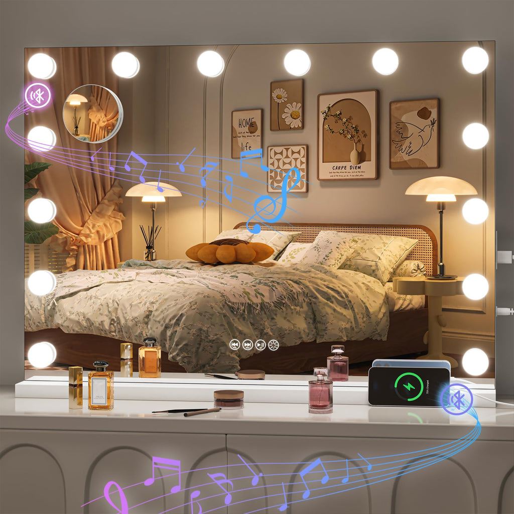 Hasipu Hollywood Vanity Mirror with Lights & Bluetooth Speaker – 29 x 20, 14 LED Bulbs, 3 Color Modes, 5X Magnifier, Touch Control