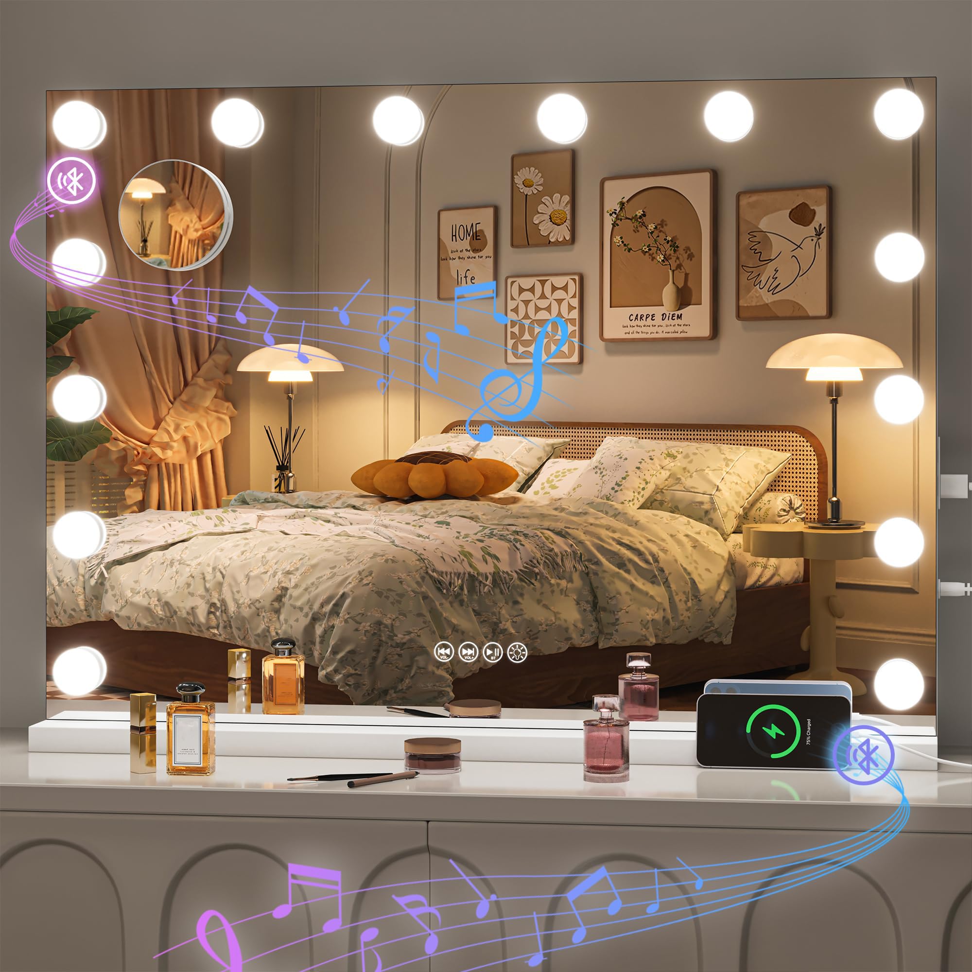 Hasipu Hollywood Vanity Mirror with Lights & Bluetooth Speaker – 29 x 20, 14 LED Bulbs, 3 Color Modes, 5X Magnifier, Touch Control