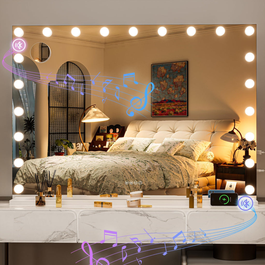 Hasipu Hollywood Vanity Mirror with Lights and Bluetooth Speaker - 41 x 30 in, 21 LEDs, 3 Color Modes, 5x Magnifier