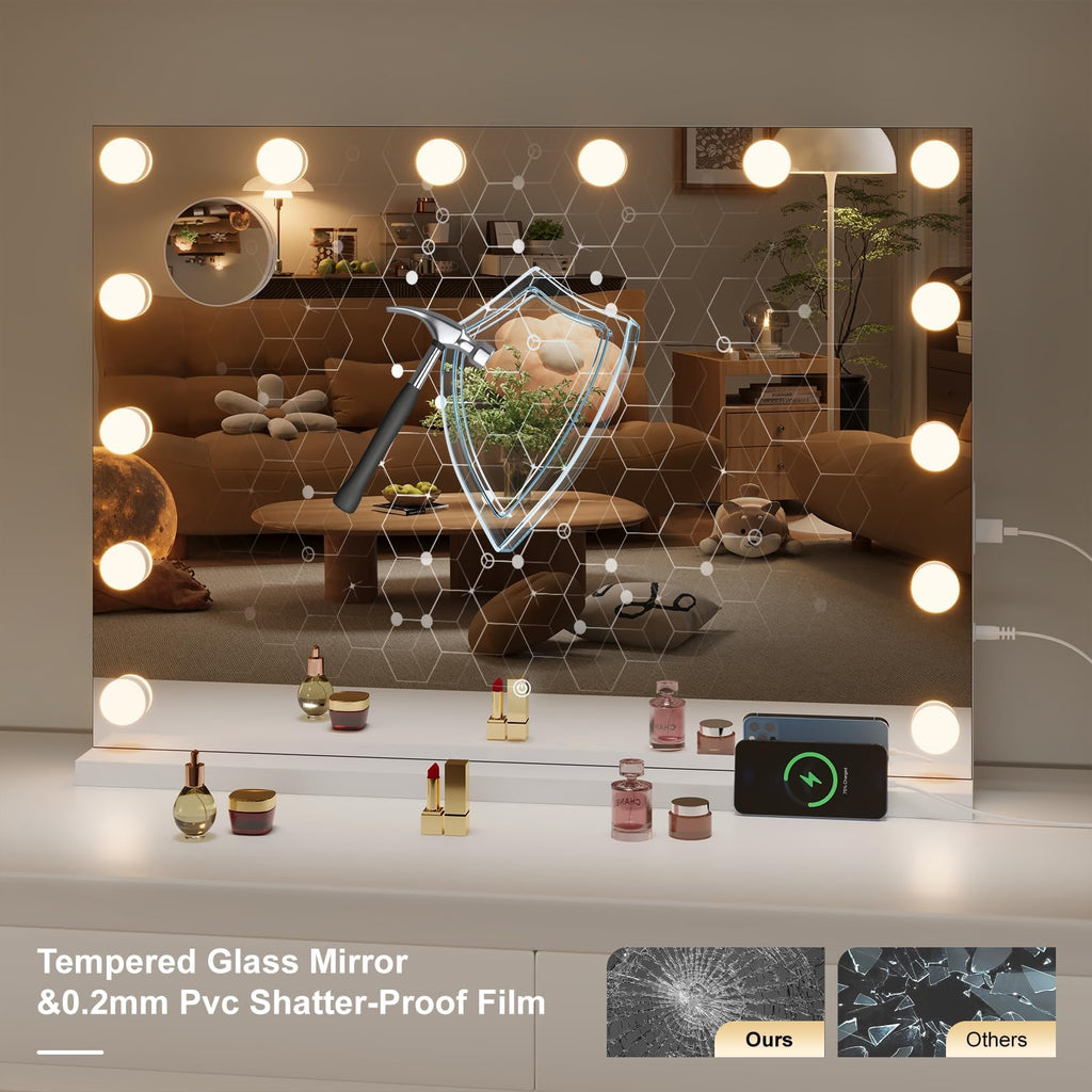 Hasipu Hollywood Vanity Mirror with Lights and Bluetooth Speaker - 41 x 30 in, 21 LEDs, 3 Color Modes, 5x Magnifier