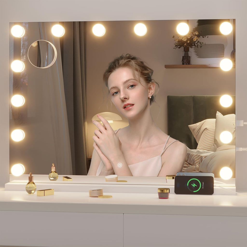 Hasipu Hollywood Vanity Mirror with Lights and Bluetooth Speaker - 41 x 30 in, 21 LEDs, 3 Color Modes, 5x Magnifier