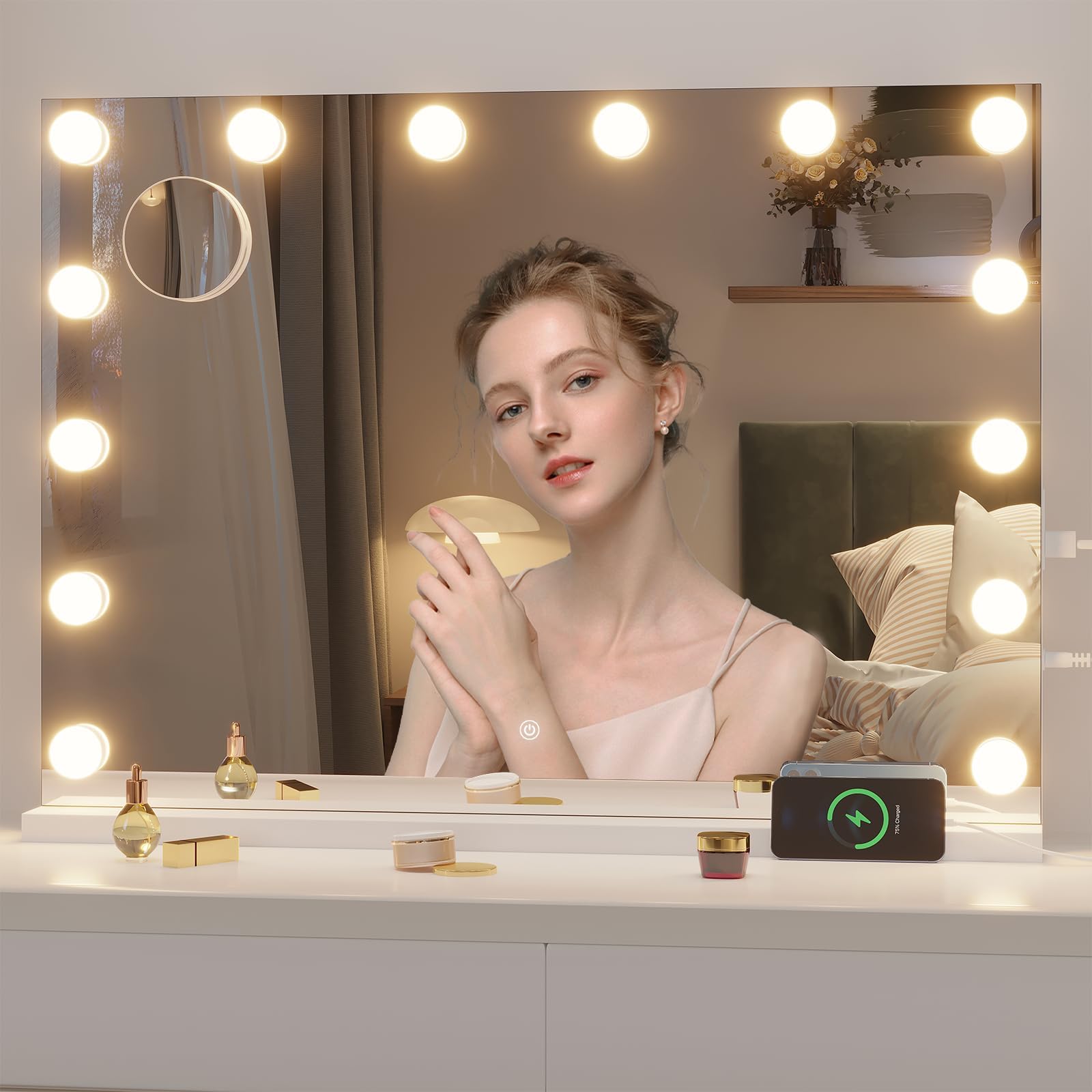 Hasipu Hollywood Vanity Mirror with Lights and Bluetooth Speaker - 41 x 30 in, 21 LEDs, 3 Color Modes, 5x Magnifier