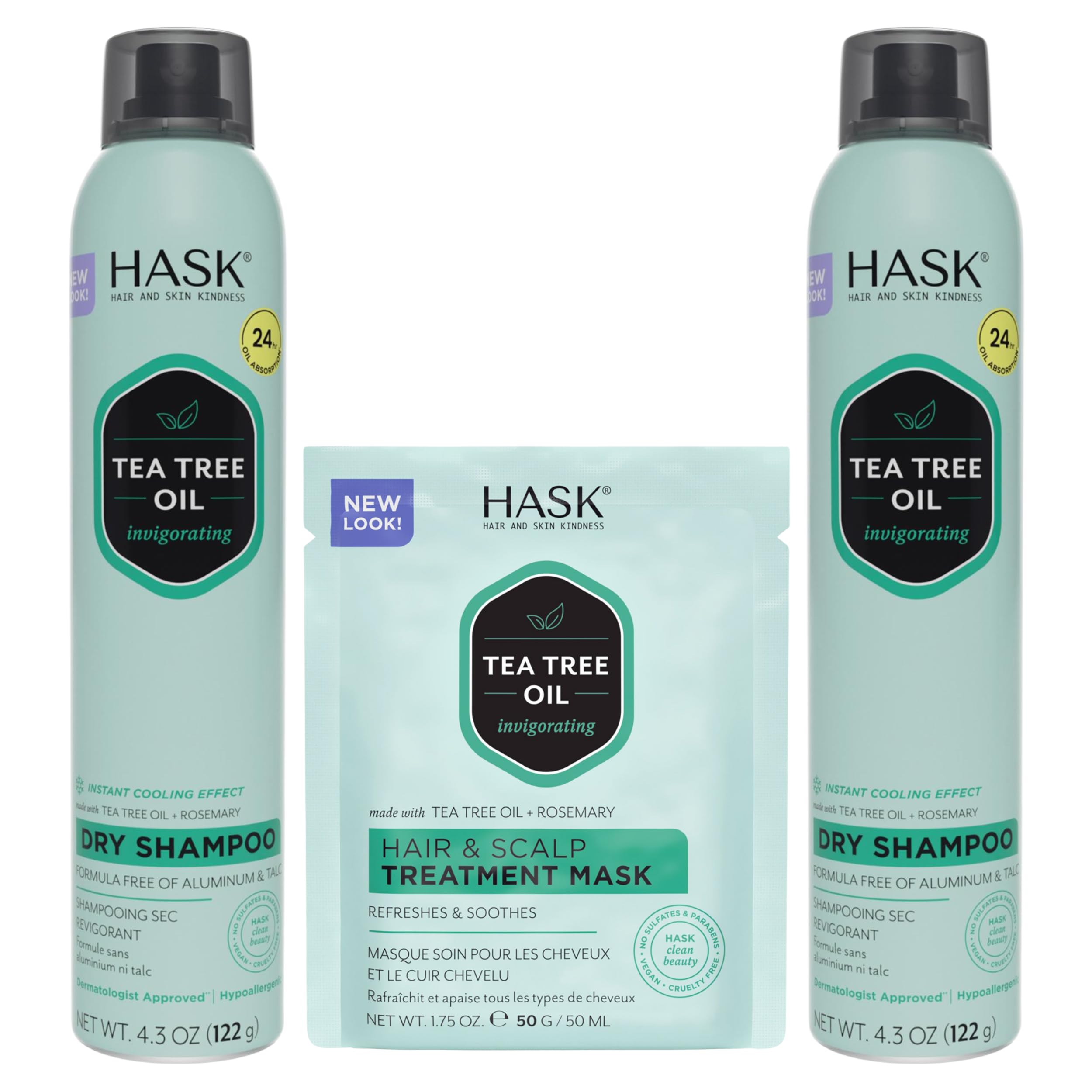 HASK Dry Shampoo Duo (4.3 oz x2) & Argan Oil Deep Conditioner Packette – Tea Tree, Color Safe