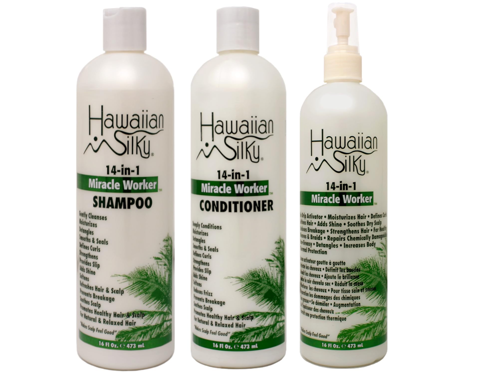 Hawaiian Silky 14-in-1 Miracle Worker Set – Shampoo, Conditioner & Activator Spray (16 oz Each)