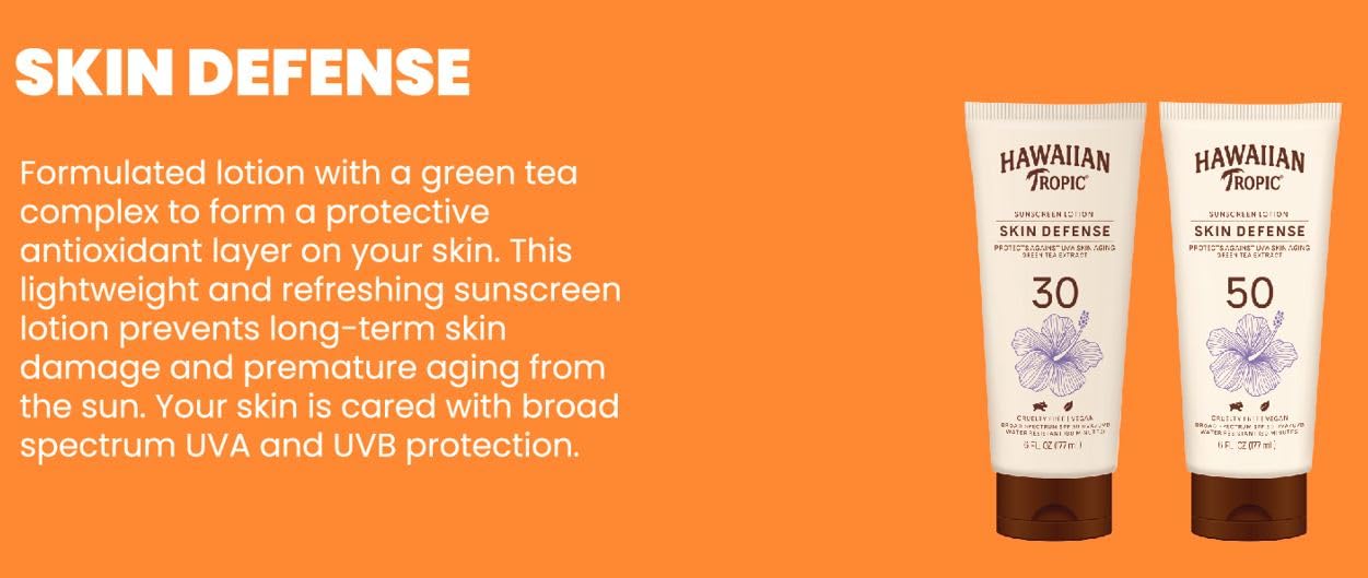 Hawaiian Tropic Skin Defense SPF 30 Sunscreen Lotion – Green Tea Extract, 6oz