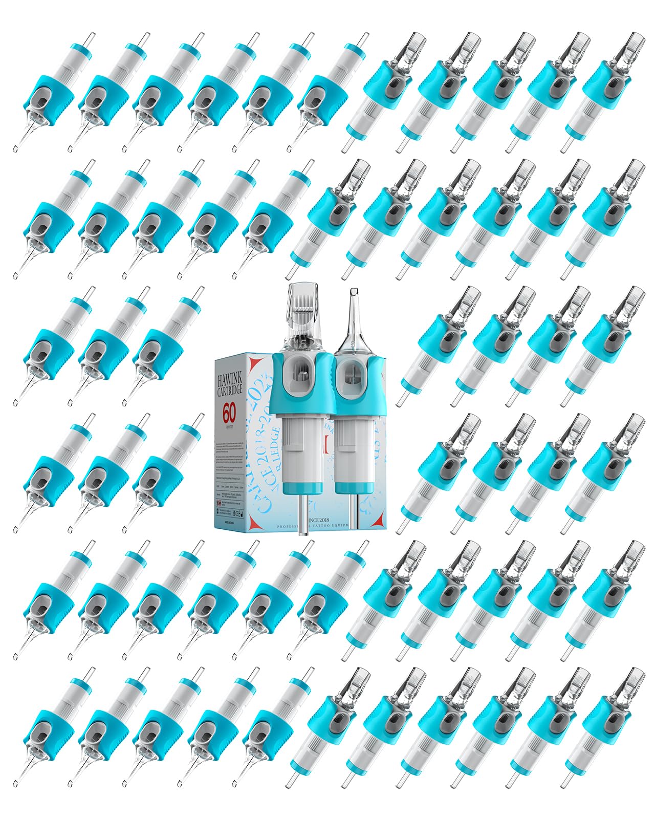 HAWINK 60-Piece Tattoo Needle Cartridges: Mixed Sizes (#10 Bugpin, #12 Standard) 5RS-14RS + EN05S-BFG-60KIT-S
