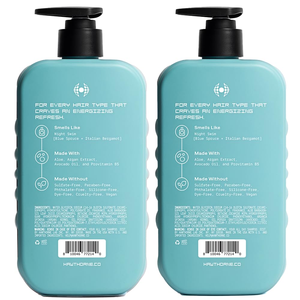 Hawthorne All Day Men's Shampoo — Sulfate Free, Argan & Coconut Oil, Night Swim Scent (16 oz x2)
