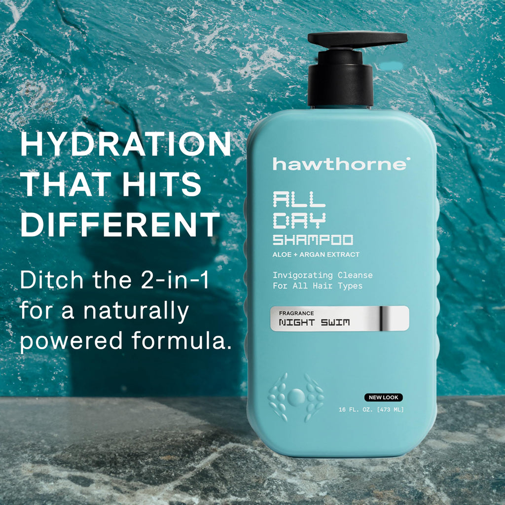 Hawthorne All Day Men's Shampoo — Sulfate Free, Argan & Coconut Oil, Night Swim Scent (16 oz x2)