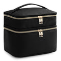 HBlife Double Layer Travel Makeup Bag – Leather Cosmetic Case with Handle & Removable Divider (Black)