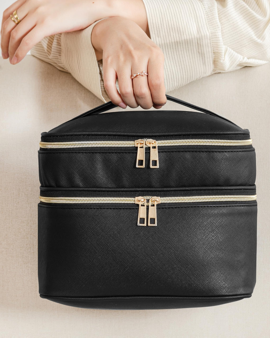 HBlife Double Layer Travel Makeup Bag – Leather Cosmetic Case with Handle & Removable Divider (Black)