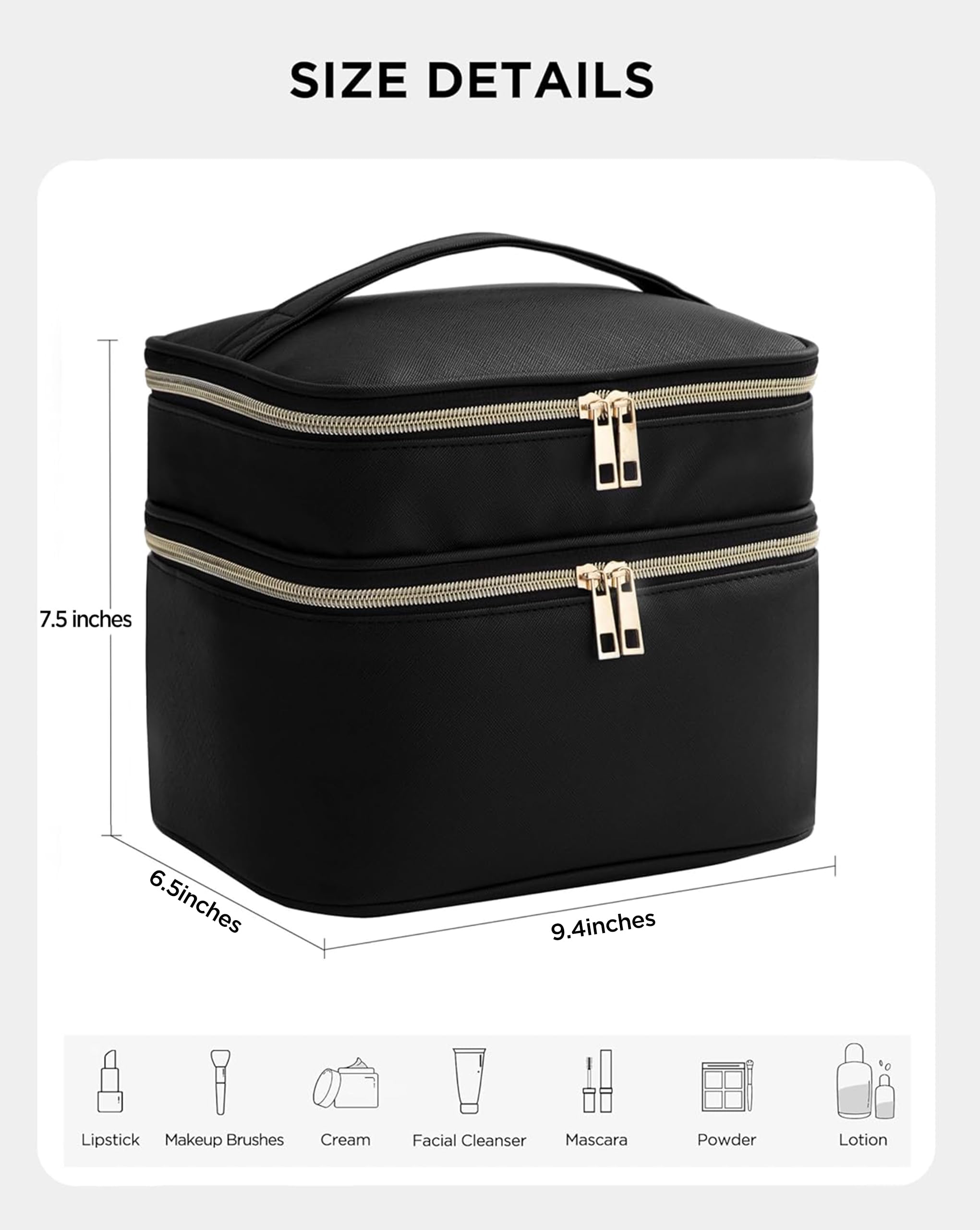 HBlife Double Layer Travel Makeup Bag – Leather Cosmetic Case with Handle & Removable Divider (Black)