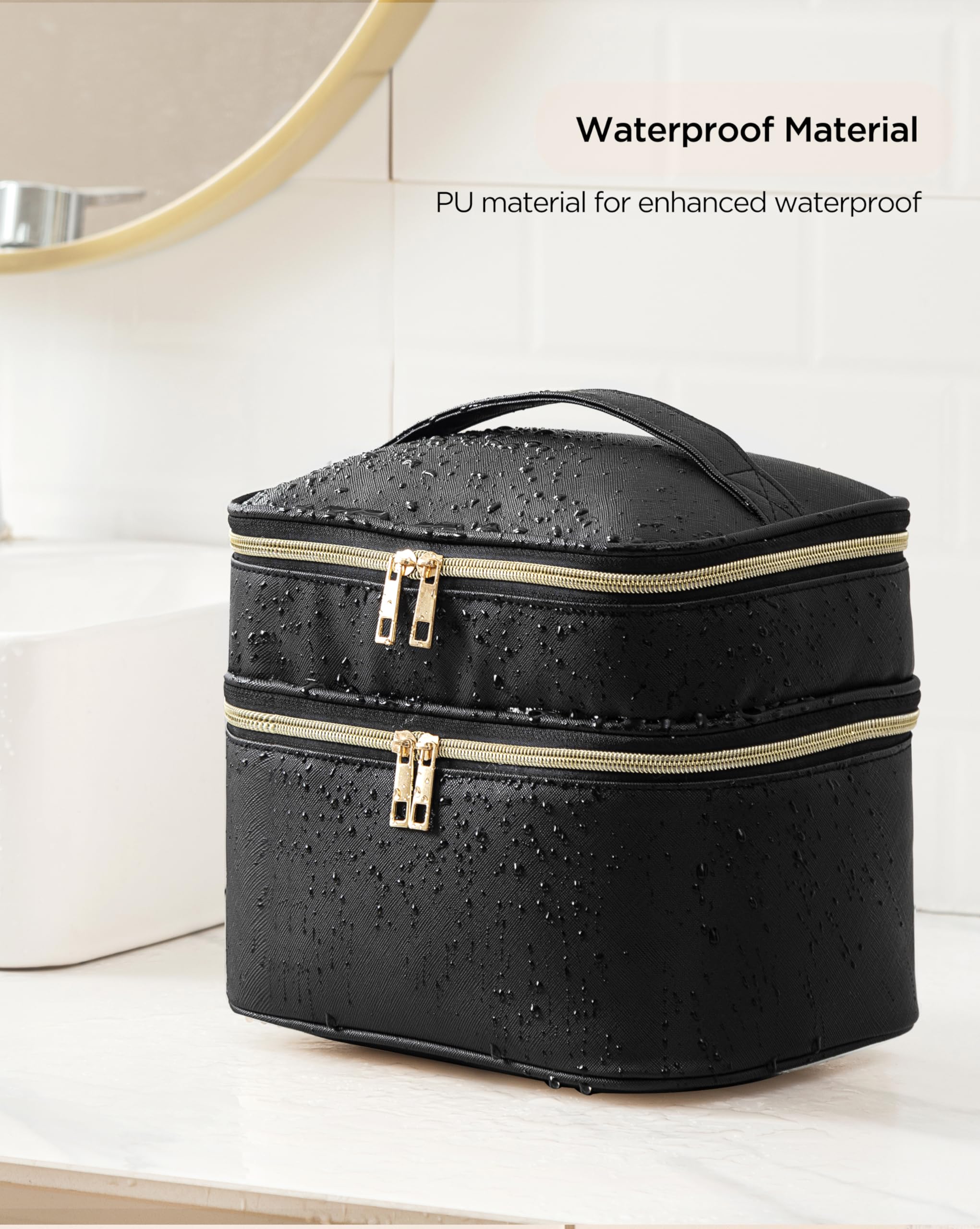 HBlife Double Layer Travel Makeup Bag – Leather Cosmetic Case with Handle & Removable Divider (Black)