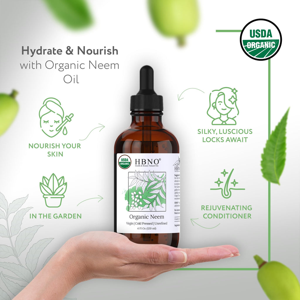 HBNO Organic Neem Oil - 4 oz (120 ml) Glass Bottle | Cold-Pressed, USDA Organic, Hexane-Free