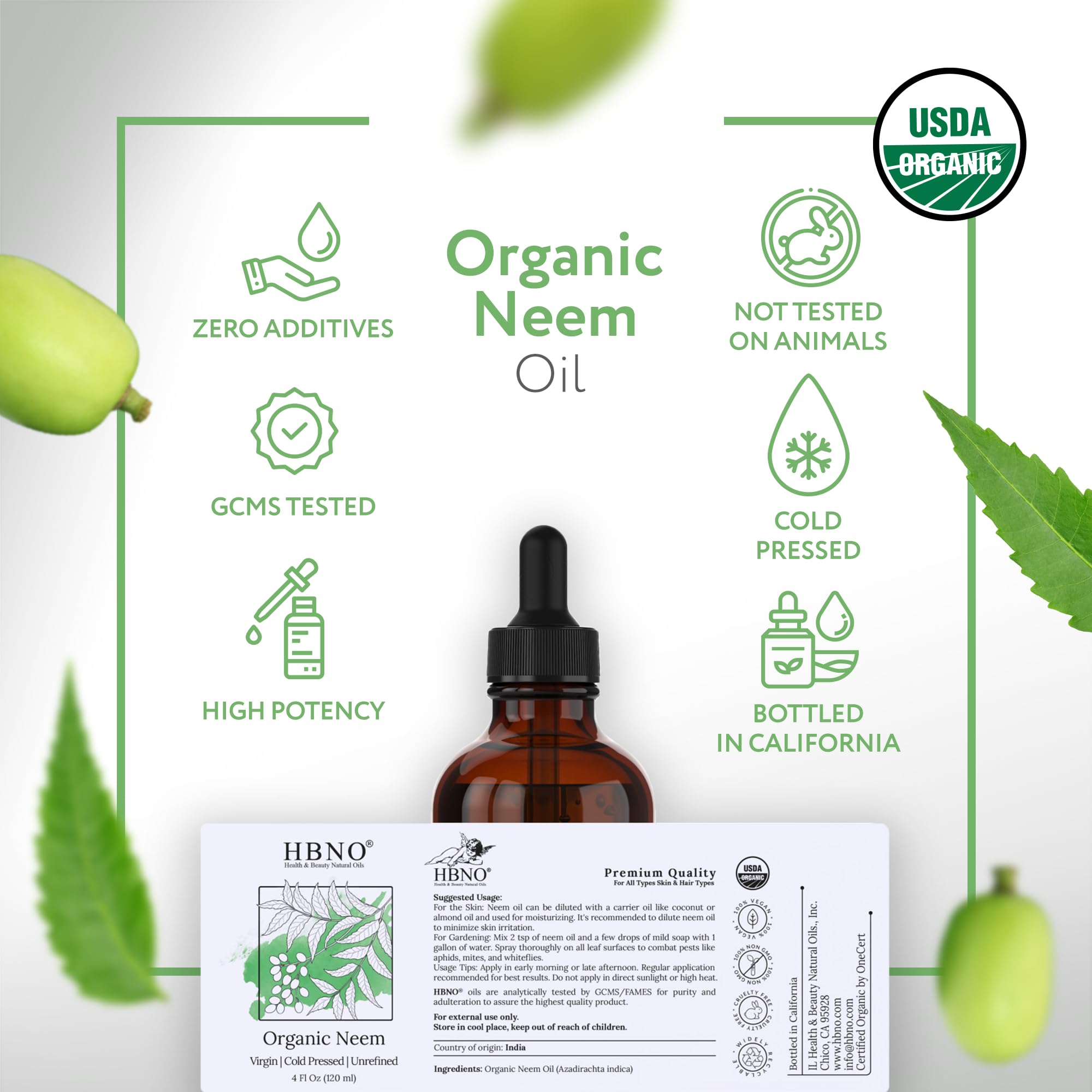 HBNO Organic Neem Oil - 4 oz (120 ml) Glass Bottle | Cold-Pressed, USDA Organic, Hexane-Free