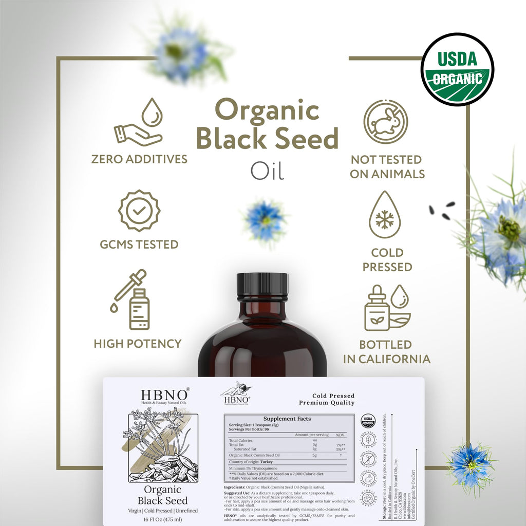 HBNO Organic Black Seed Oil – 16 oz Glass Bottle, Cold-Pressed, USDA Organic