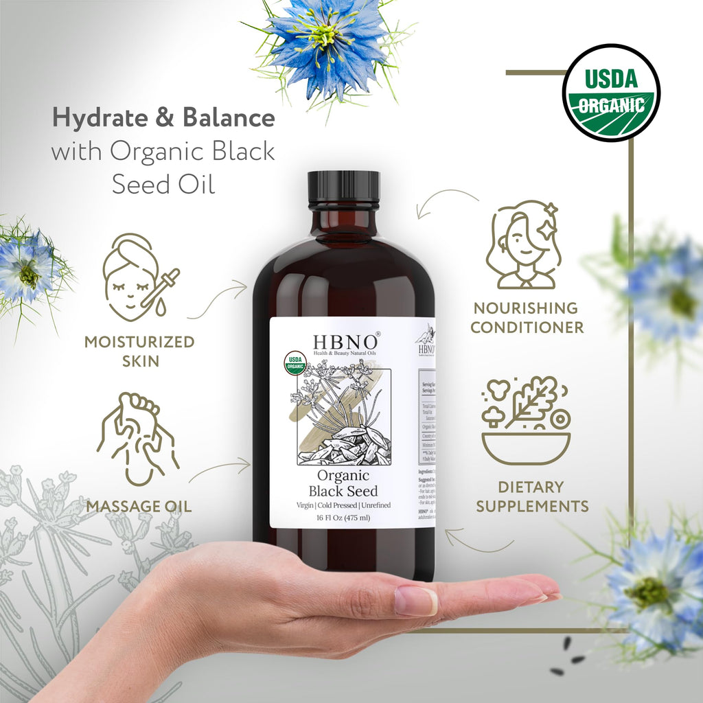 HBNO Organic Black Seed Oil – 16 oz Glass Bottle, Cold-Pressed, USDA Organic
