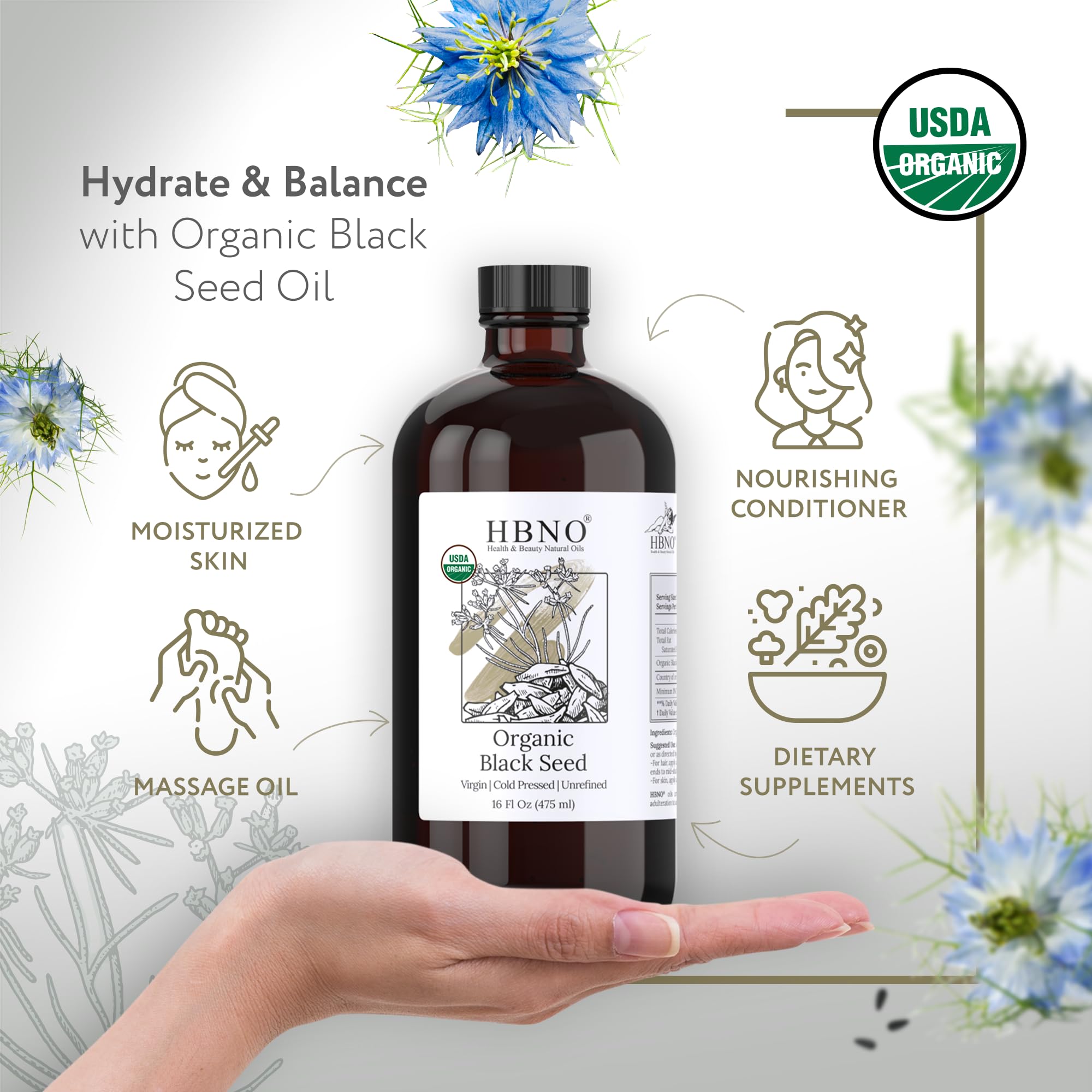 HBNO Organic Black Seed Oil – 16 oz Glass Bottle, Cold-Pressed, USDA Organic