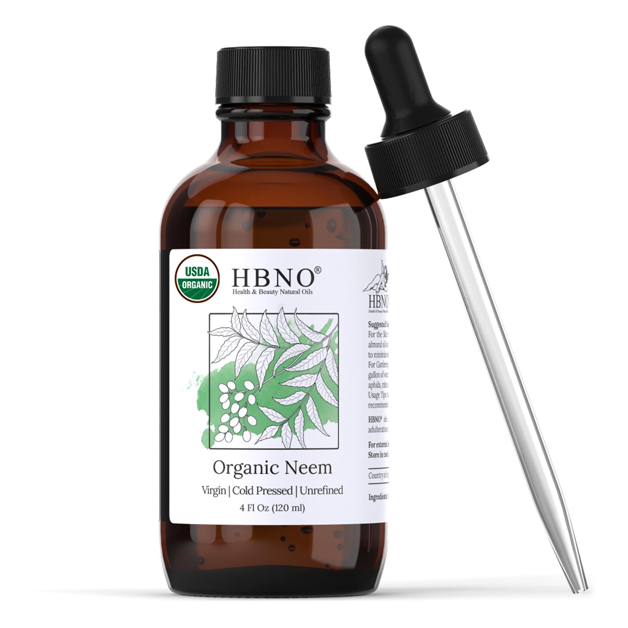HBNO Organic Neem Oil - 4 oz (120 ml) Glass Bottle | Cold-Pressed, USDA Organic, Hexane-Free
