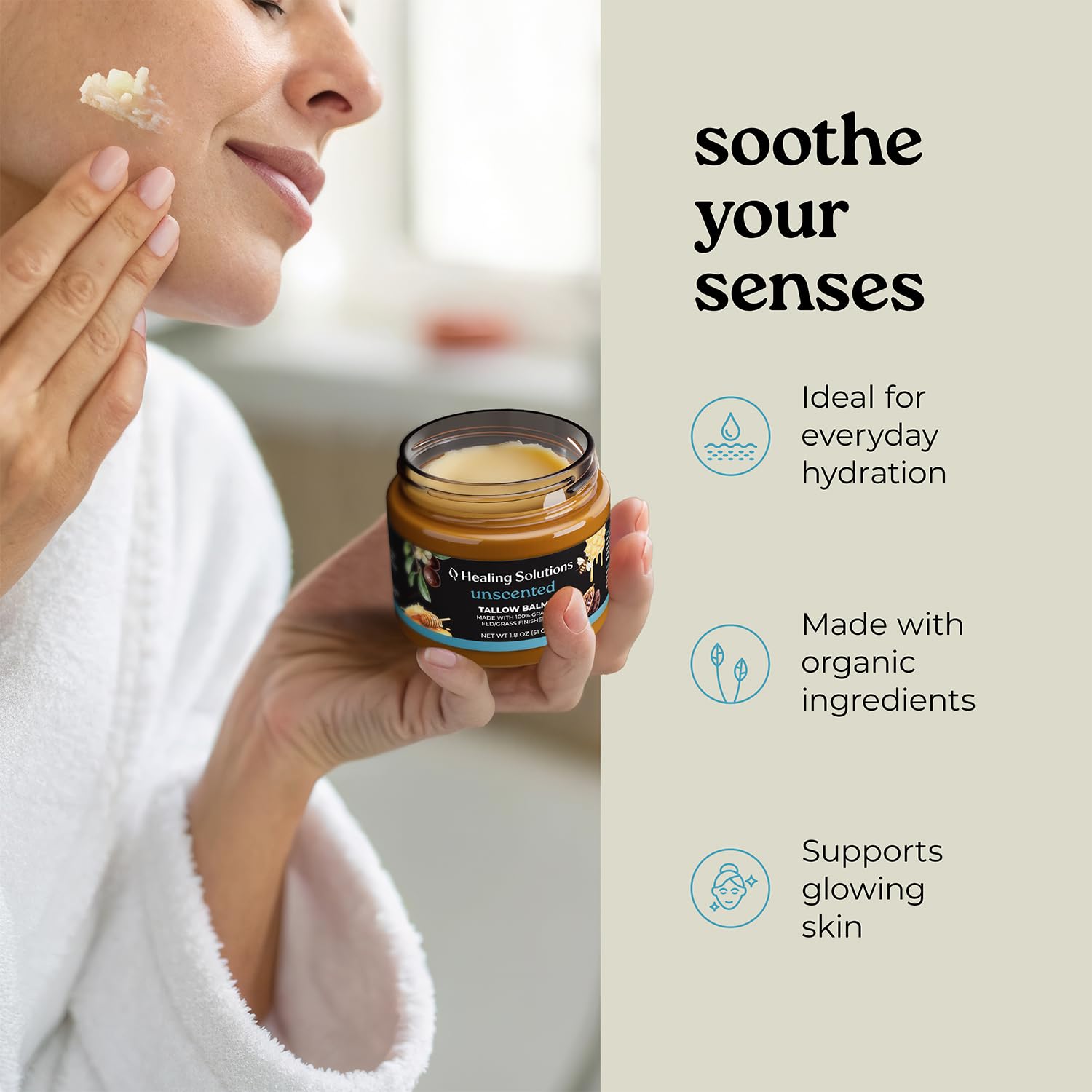 Healing Solutions Beef Tallow & Honey Balm for Face – 1.8oz, Unscented