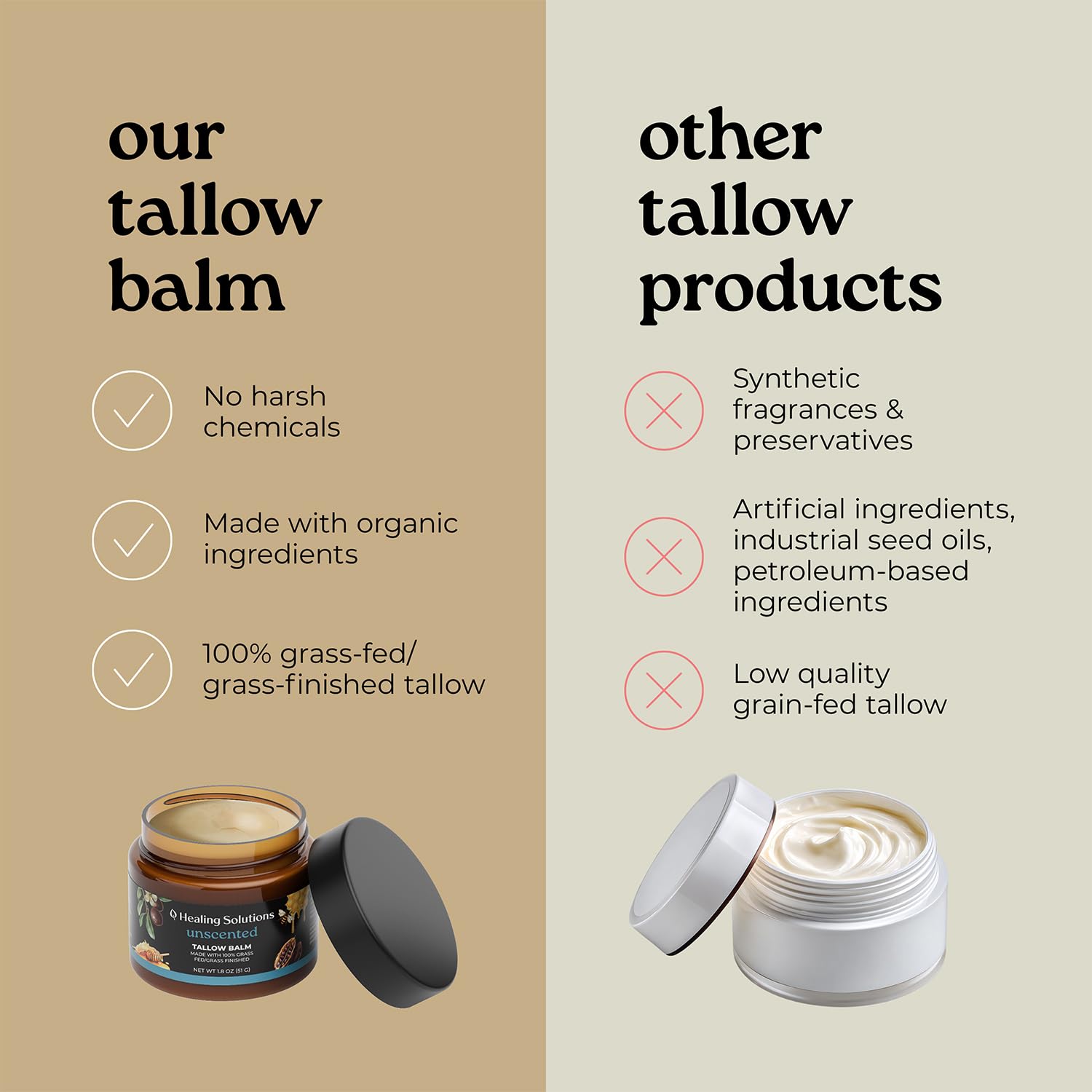 Healing Solutions Beef Tallow & Honey Balm for Face – 1.8oz, Unscented