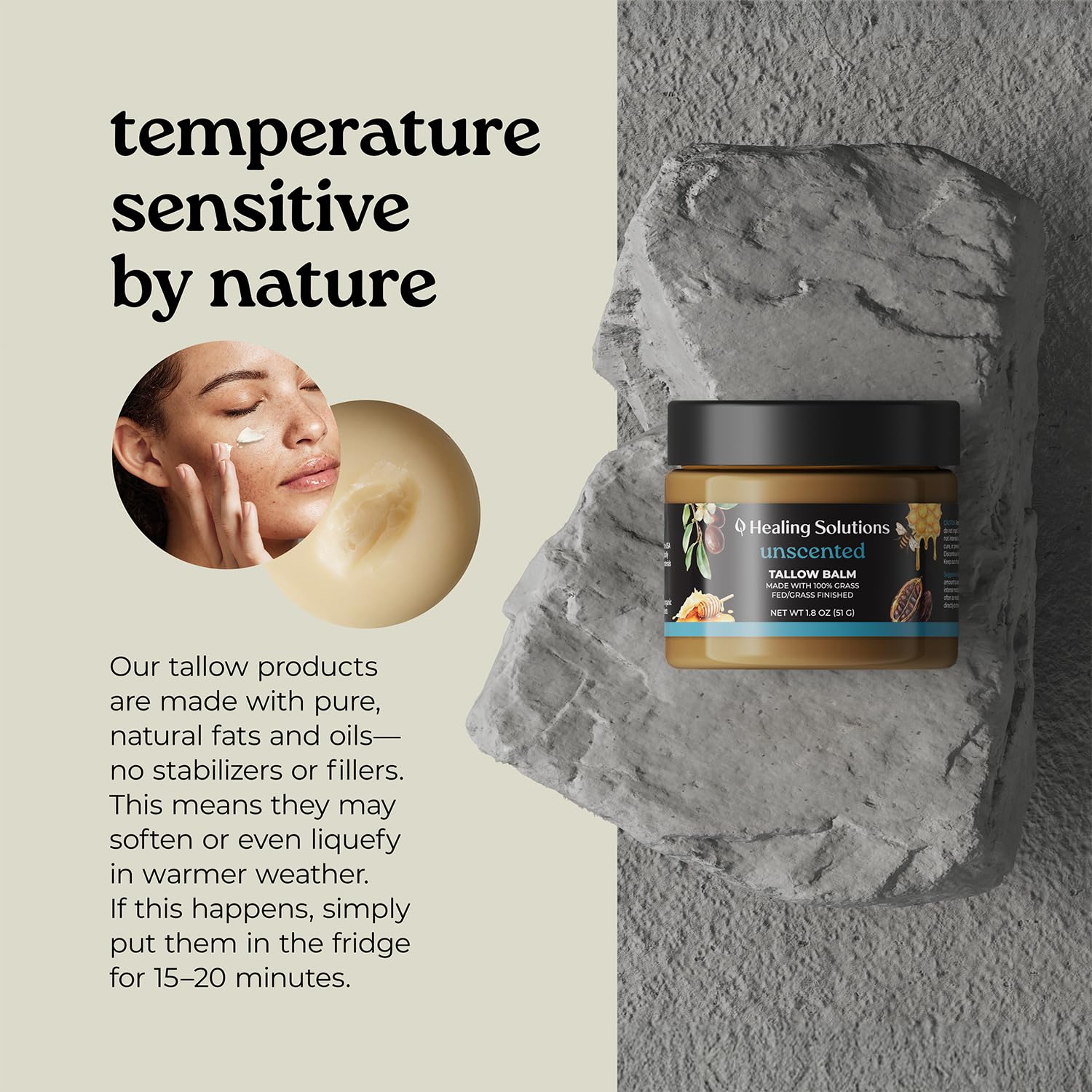 Healing Solutions Beef Tallow & Honey Balm for Face – 1.8oz, Unscented