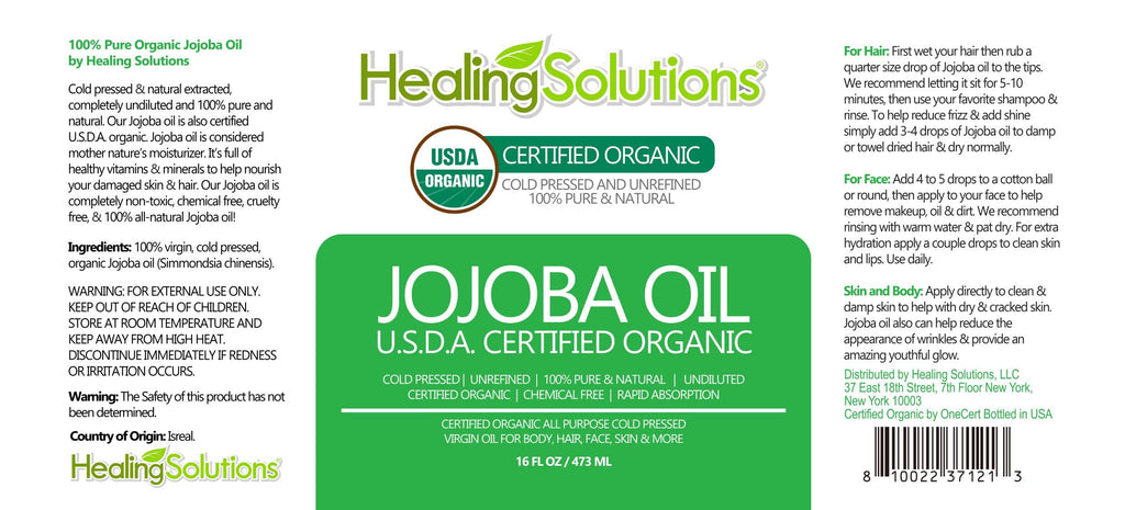 Healing Solutions Organic Jojoba Oil 16 oz | Pure Cold-Pressed Serum for Hair, Skin & Nails