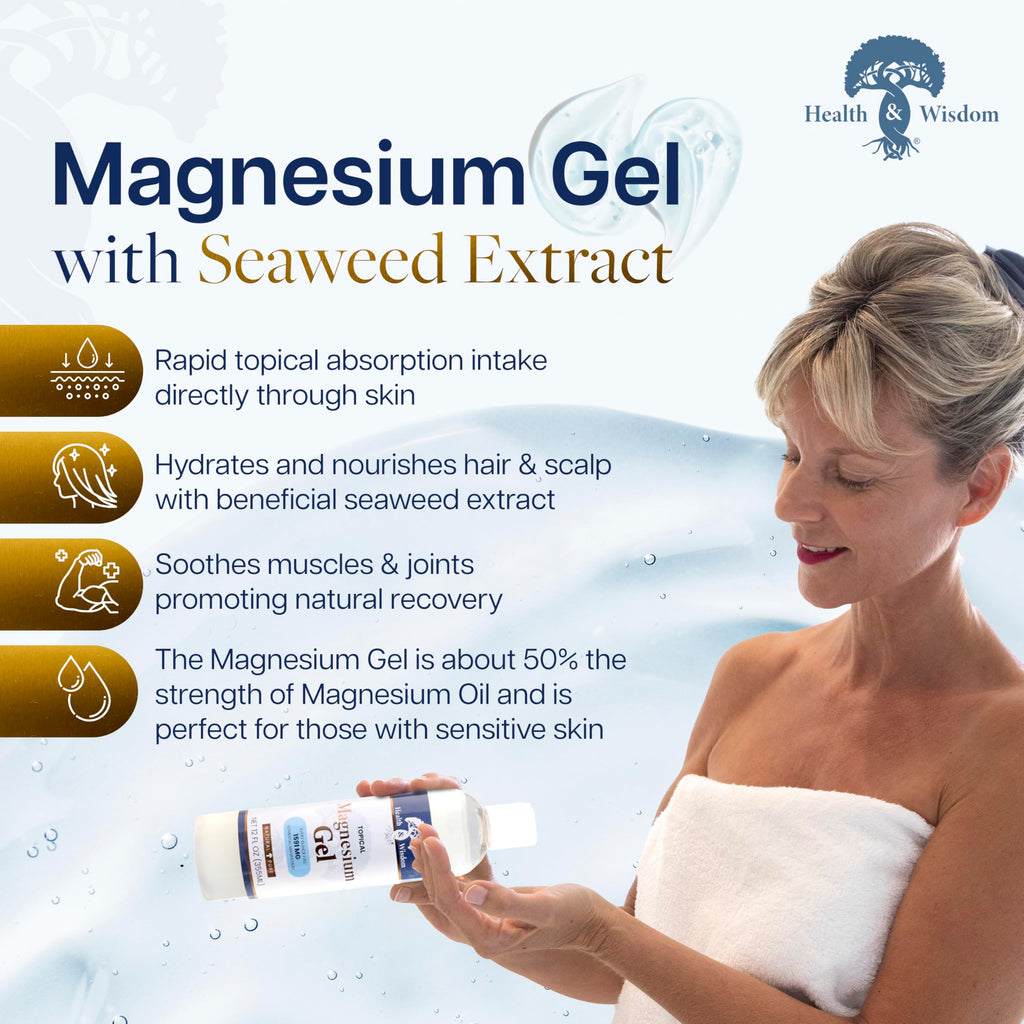 Health and Wisdom Pure Magnesium Gel with Seaweed Extract – Topical Relief, Skin Hydration, Enhanced Absorption (128 Fl oz)